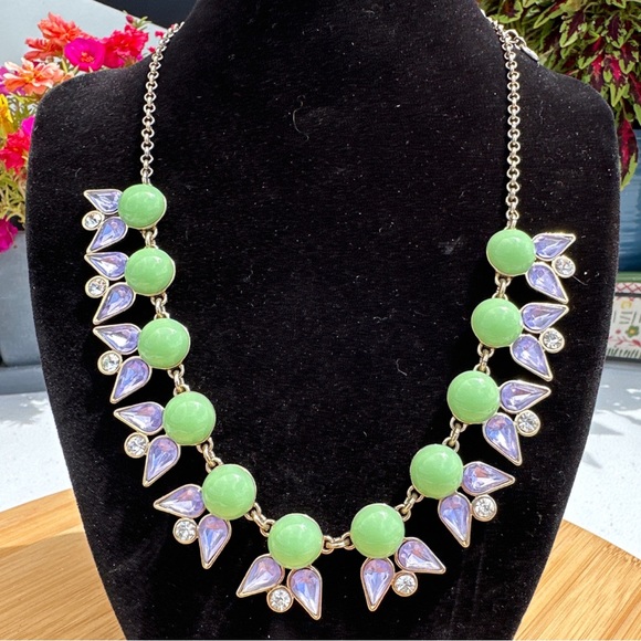 J Crew Statement Necklace, Faceted Teardrop & Round Rhinestones with Green Beads - Picture 5 of 17